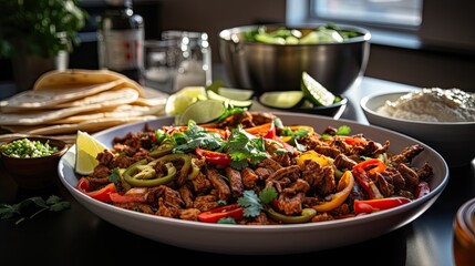 Pork fajitas with onions and colored pepper, served with tortilla.Generative AI