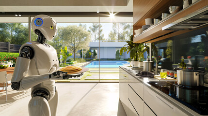 Intelligent robots work in modern homes, future lifestyle ideas. Chef Cooking Robot - obrazy, fototapety, plakaty