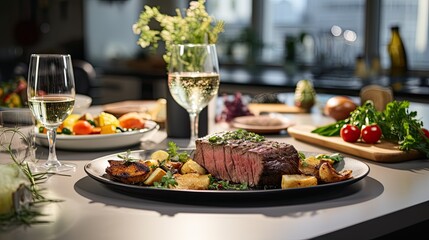 mouthwatering medium rare beef tenderloin steak with vegetables is placed on a plate on the dining table, ready to eat.Generative ai