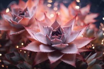 Succulent agave plants bathed in a twilight glow with a bokeh light effect in the background.
