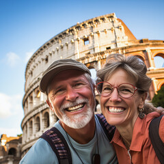 POV of a smiling couple taking a selfie with the coliseum roman.