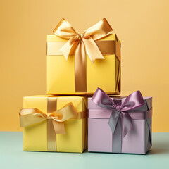 Three gift boxes of different colors on a yellow background 