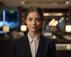 Portrait of a female receptionist in a hotel looking at camera.