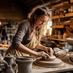 Pottery craftswoman working in a workshop with a lathe.