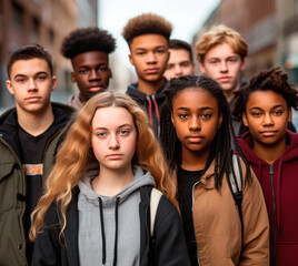 Group of diverse teenage students looking seriously at camera.