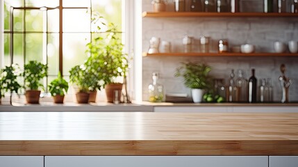 Fototapeta na wymiar Wood table top for product display on blur kitchen background.Generative AI