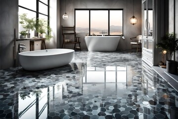 A high-angle shot of a spotless bathroom floor with glossy tiles reflecting the ambient light. - obrazy, fototapety, plakaty