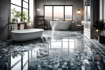 Foto op Canvas A high-angle shot of a spotless bathroom floor with glossy tiles reflecting the ambient light. © pick pix