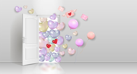 A room with an open door and balloons. Holiday banner template,
 Valentine's day, birthday, wedding. A vector image, a place to copy.