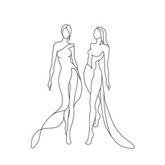 Fashion woman model abstract silhouette, continuous line drawing, beautiful girl in long dress, single line, isolated vector illustration. Tattoo, print and logo design, beauty salon.