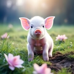 Healthy and happy baby pigs in the green field