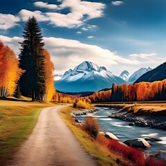 Vale serene with river and trees under the west sun.,