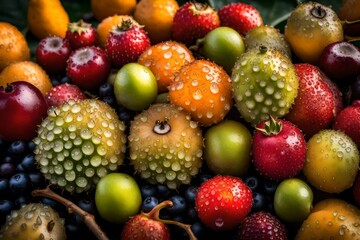 A close-up view of exotic, outlandish fruits glistening with dew drops in the early morning light.