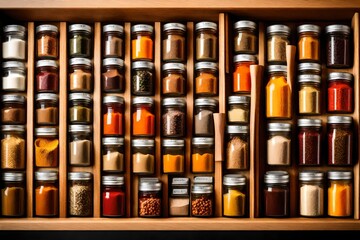 A well-organized spice drawer with neatly labeled containers, creating a visual feast for a chef. - obrazy, fototapety, plakaty