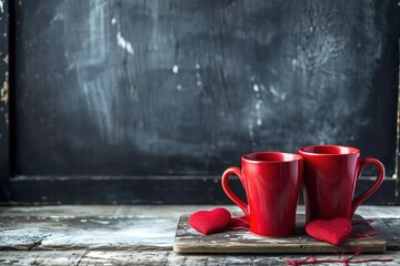 Two red mugs - the concept of a joint tea party on Valentine's Day - obrazy, fototapety, plakaty