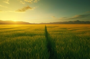 Obraz premium Green rice field. Lush and abundant plantation with beautifully colored panorama. Generate AI