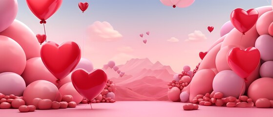 Pink Spheres And Floating 3d Hearts on a cloud sky background. Valentine's day banner concept design, 3d rendering illustration style.	