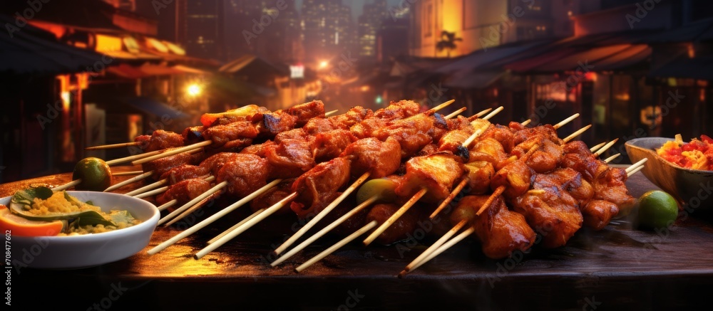 Wall mural malaysian street food featuring satay.