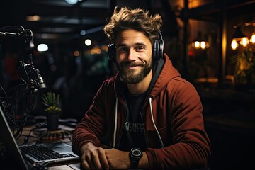 Male influencer or content creator recording a video podcast or YouTube video. Speaking into camera, illustrating the spontaneity and authenticity of contemporary digital communication
