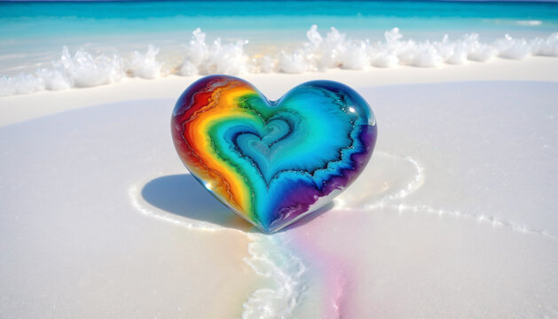 A crystal heart containing rainbow liquid dropped on the white sand beach 