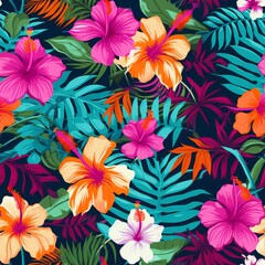 Fototapeta na wymiar Vibrant tropical flower pattern with hibiscus, orchids, and frangipani in bold contrasting colors