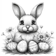Drawing of Easter bunny sat on the grass near eggs and flowers as colouring page for children. White background. A4 format. Selective focus. Development of fine motor skills