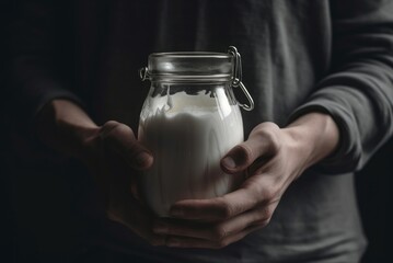 Human hands holding milk jar closeup. Freshness natural dairy beverage product. Generate ai