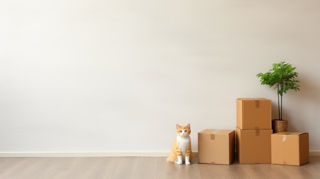 Moving to new home with donation conceptstack of cardboard boxes and cat in empty box inside room