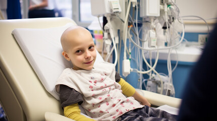 child patient lying in hospital ward. Sick bald kid with nasal tube lying in hospital bed after chemotherapy