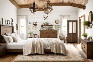 Farmhouse-style bedroom with a shiplap wall, vintage decor, and a pastoral charm.