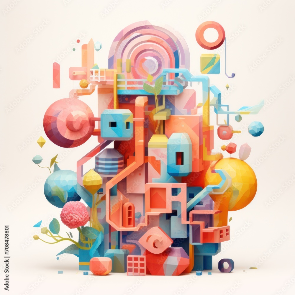Poster Contemporary abstract design showcasing a complex array of geometric pipes and shapes in a colorful, dynamic composition.