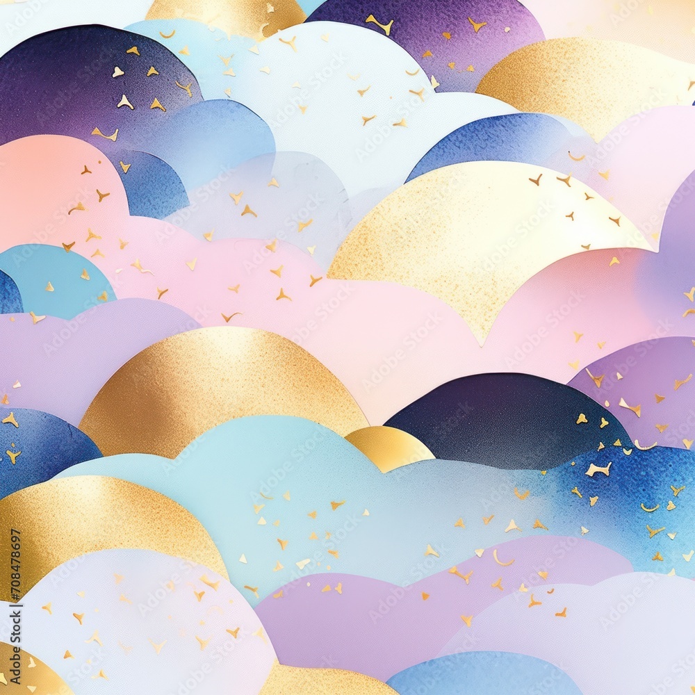 Poster a luxurious abstract pattern with scalloped edges and delicate gold flecks on a multicolored backgro