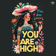  Colorful T-shirt design with TEXT: "YOU ARE HIGH" LSD art, trippy mushroom art, isolated on black background