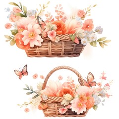 A delightful set of assorted wicker baskets brimming with flowers and accompanied by butterflies.