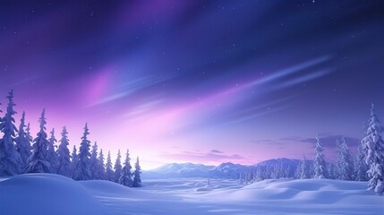 Purple Aurora Lights over Snow covered Landscape.