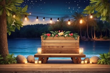 wooden table with decoration, on summer beach night forest background