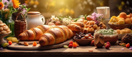 Easter bakery with fresh croissant, homemade buttery, and delicious snacks. - obrazy, fototapety, plakaty