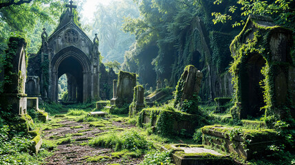 Ancient cemetery in middle of beautiful lush green grove, graves overgrown with moss and ivy.