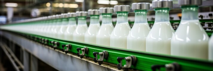 Automated process of filling milk or yogurt into plastic bottles at a modern dairy plant