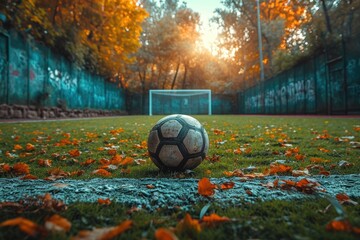 An old, worn soccer ball sits on the grass in front of a goal post in what appears to be a...