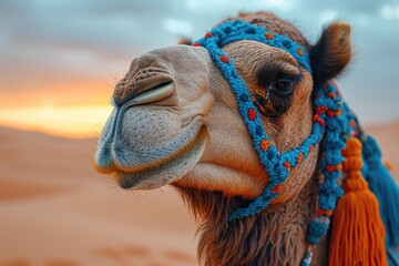 Camel adorned with colorful textiles, posing against the backdrop of sweeping desert dunes and a bright blue sky.