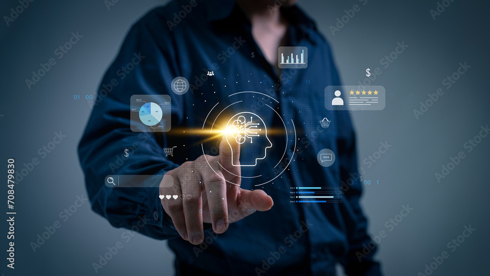 Poster a businessman employs an internet chat bot to exchange and analyse consumer data. a customer care ce