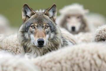 Obraz premium A wolf in sheep's clothing., almost indistinguishable within a flock of sheep, is captured in a moment of deceptive calmness in a rural pasture.
