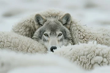 Deurstickers A wolf in sheep's clothing., almost indistinguishable within a flock of sheep, is captured in a moment of deceptive calmness in a rural pasture. © photolas