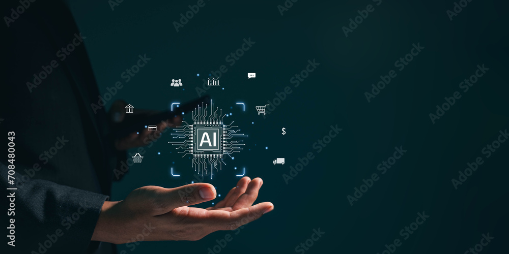 Fototapete a businessman uses online customer data exchange and analysis with a chat bot. artificial intelligen