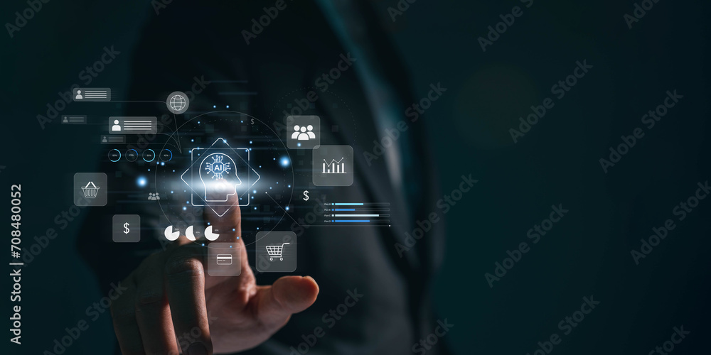Fototapete a businessman employs an internet chat bot to exchange and analyse consumer data. a customer care ce