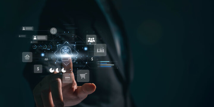 A businessman employs an internet chat bot to exchange and analyse consumer data. A customer care centre using artificial intelligence and CRM software technology