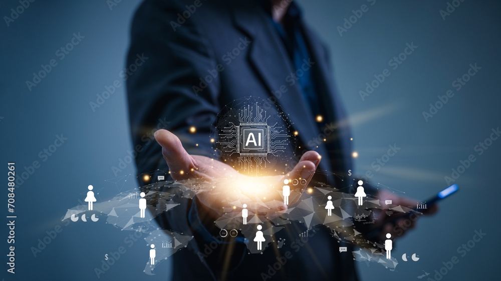 Poster for customer relationship management, global structure customer network, businessmen use artificial 