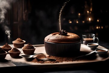 A captivating image of a hazelnut chocolate souffl?(C), rising gracefully and dusted with cocoa powder, capturing its airy and indulgent nature. - obrazy, fototapety, plakaty
