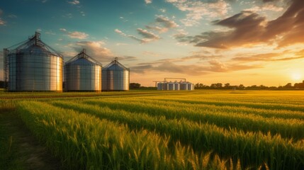 Large granaries for storing and drying grain, wheat, corn on the background of a green field and blue sky at sunset. - obrazy, fototapety, plakaty